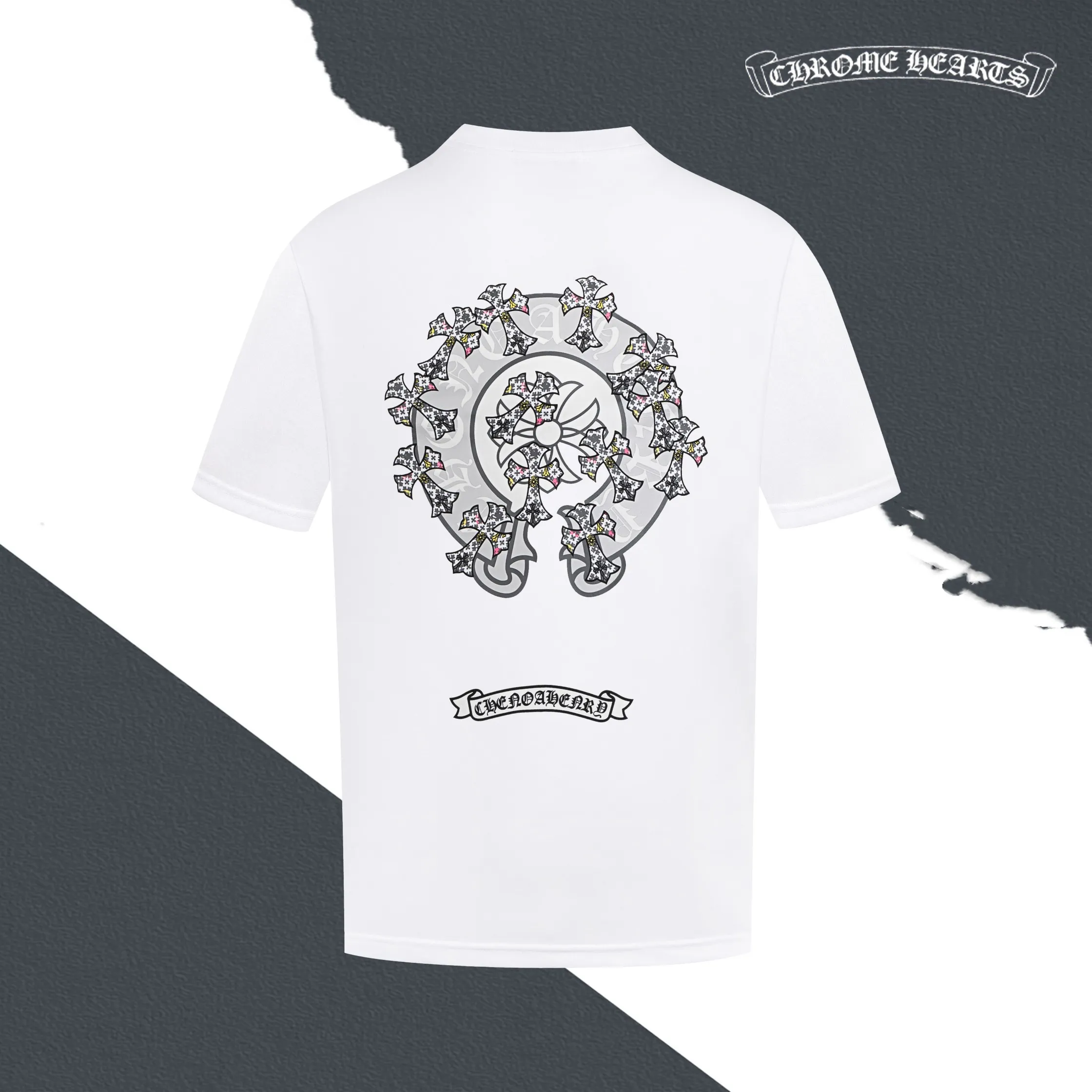 🅿️180 Style No. S023 CH Crow Heart Sanskrit Cross Heavy Embroidery Round Neck Short Sleeve Embroidery Full Packaging Complete with Three Standards Original Matching Accessories 1:1 Main Marking Technology Very High-end It Has Been Preshrunk at High Temperatures and Will Not Deform After Repeated Washing Pure Cotton 280g High Weight 32 Count Double Yarn No Pilling No Fading Comfortable and Breathable Matching 1x1 Thread in the Same Cylinder Oversize Loose Version Can wear up to 220 pounds Color: White Black Size: XS-L